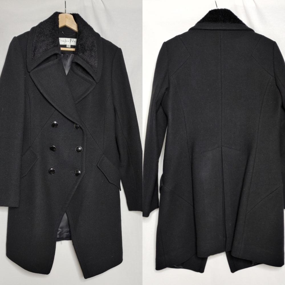 Trina Turk Wool Peacoat Double Breasted Notch Collar Slip Pockets Large 12